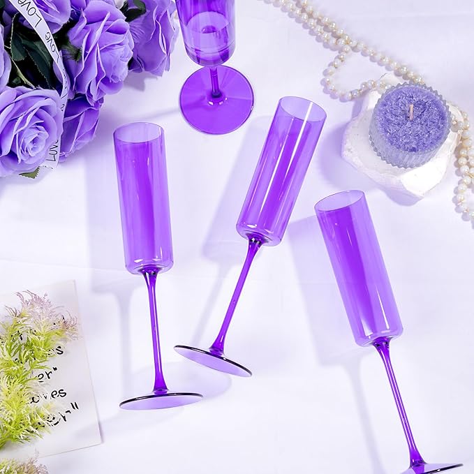 YOUBET 24 Pack Purple Plastic Champagne Flutes -6 Oz Clear Purple Champagne Glasses - Square Plastic Toasting Glasses for Birthday Anniversary Wedding & Party