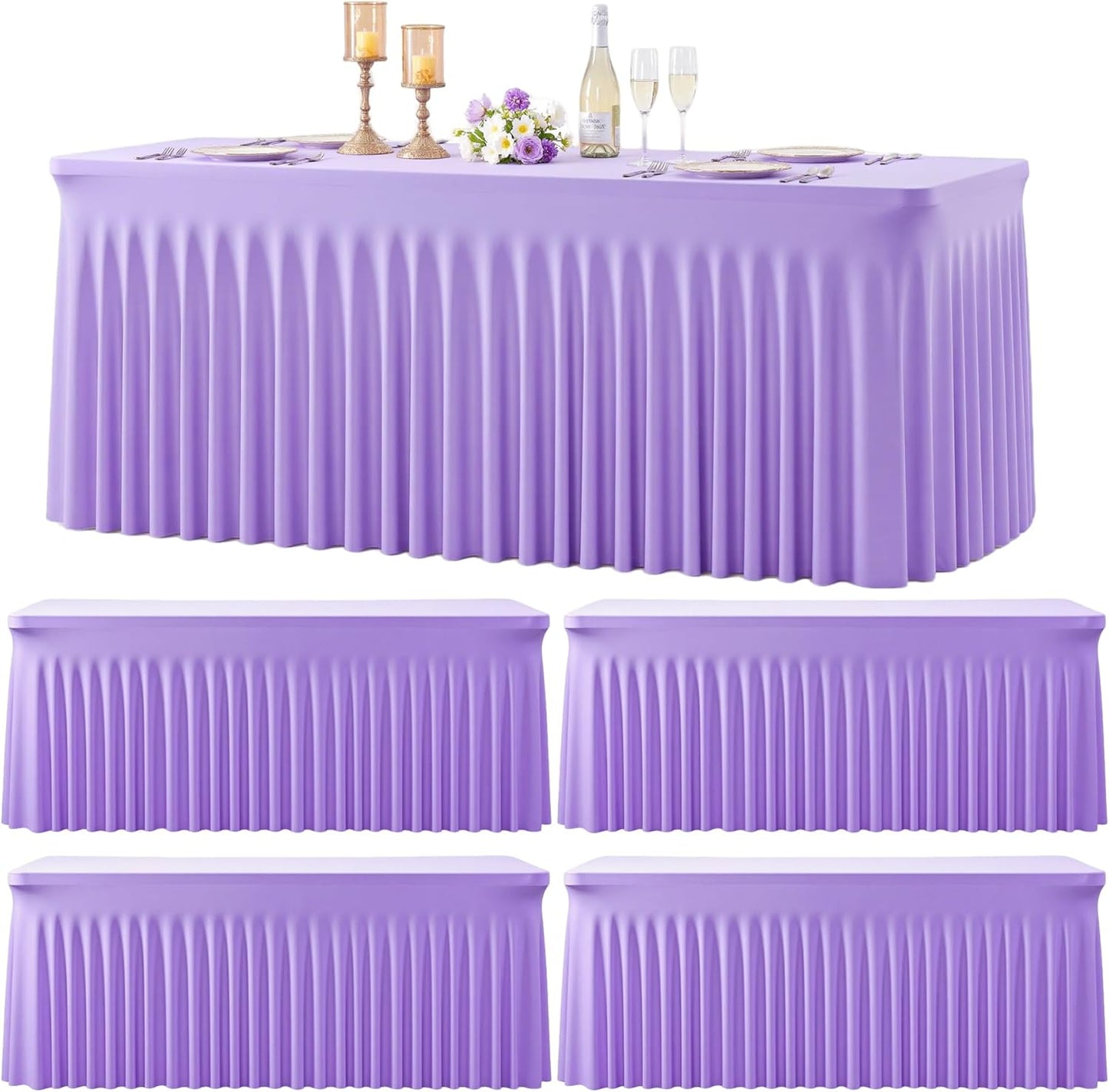 Suppromo 4 Pack 8ft Lavender Spandex Table Cloths for Rectangle Tables Wrinkle Free Light Purple Rectangle Tablecloths Stretch Fitted Table Cover for Birthday Party Wedding Banquet Baby Shower Buffet