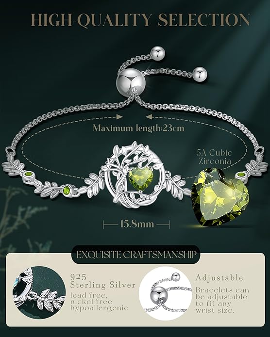 FANCIME Valentines Day Gift Tree of life Birthstone Bracelet for Women Sterling Silver Tree Jewelry Birthstone Charm Bracelet Gemstone Anniversary Birthday Gifts for Wife Mom Her
