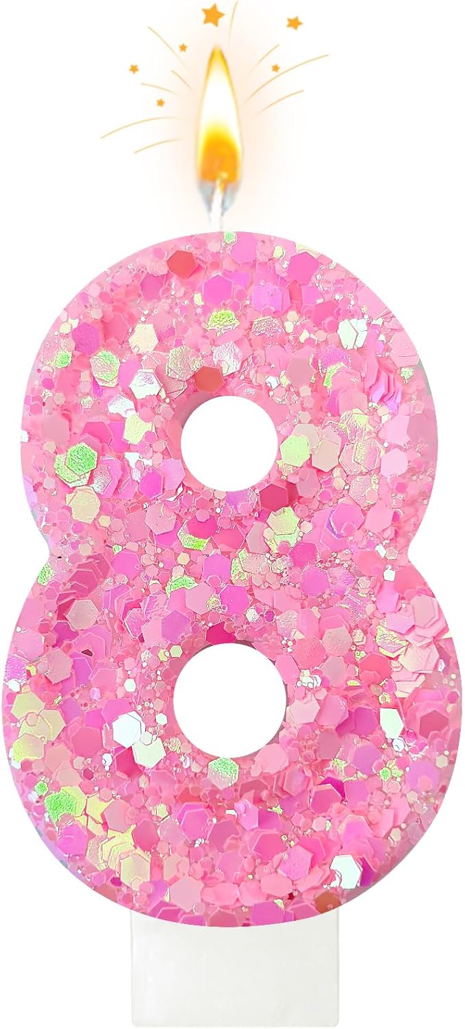 Zailo Birthday Number Candles, Glitter Number Candle Cake Decorations with Sequins, Cupcake Decorations for Girls, Women, Party Anniversary Celebrations (Number 8, Light Pink)