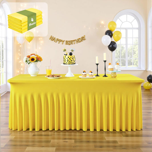 leegleri 4 Pack Yellow Spandex Fitted Table Clothes for 8 Foot Rectangle Tables, Wrinkle Free 8ft Spandex Table Cover, Spandex Table Skirt for 8FT Rectangle Tables-for Banquet Weddings Parties