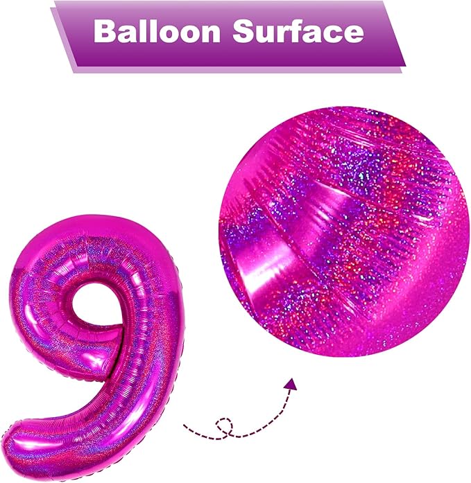 Laser Hot Pink 9 Balloon, Number Balloons 40 Inch, 9th Giant Birthday Decorations for Girls,19th 29th Party Decorations Supplies, Number 9 Balloon