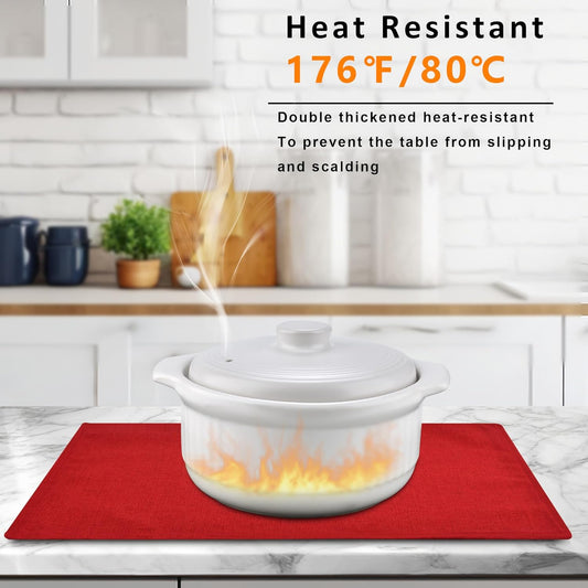 SLKQG Red Linen-Look Fabric Placemats Set of 8, Heat Resistant & Machine Washable Double-Layered Cloth Placemats for Dining Table, Indoor/Outdoor Use, Non-Slip Kitchen Table Mats (8, Bright Red)