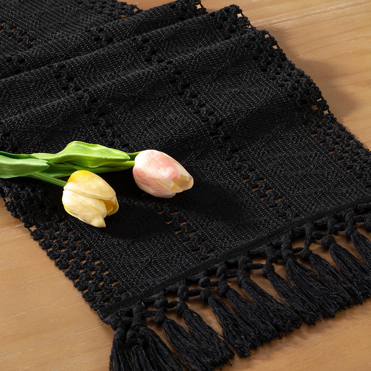 Socomi Boho Table Runner Macrame Long Fall Thanksgiving Farmhouse Woven Cotton Linen Rustic Coffee Table Runner with Tassels for Dresser Scarf Home Decor Dining Room 12x108 inch Black