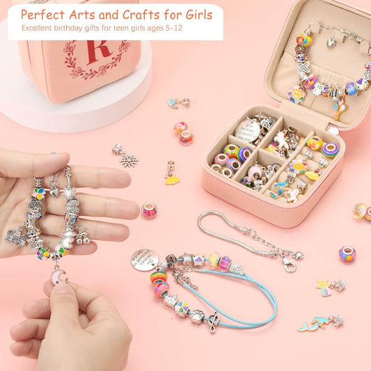 Charm Bracelet Making Kit for Girls 4-6, Kids Jewelry Making Kit 5-7 6-8 66Pcs Jewelry Kits for Teen Girls Ages 8-12 Jewelry Maker Craft Birthday Christmas Gifts with Initial Jewelry Organizer Box -J