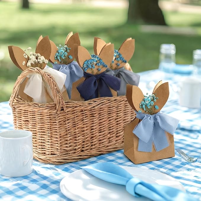 Affrolling 24 Set Boho Bow Easter Bunny Party Favor Bags DIY Bunny Gift Boxes with Neutral Bow Ribbon and Dried Flowers Rustic Paper Rabbit Ears Treat Bags Bulk for Easter Spring (Dirty Blue)