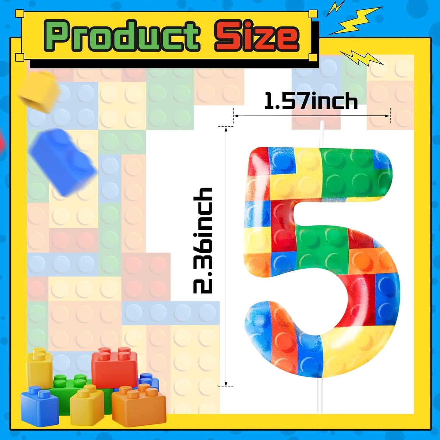 Building Block Themed Birthday Candle Number 5 Candle Birthday Party Decoration Cake Topper for Building Block Party Decoration Theme Parties Supplies (Number 5)