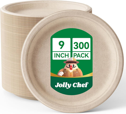 JOLLY CHEF Compostable Heavy Duty Plates 9 Inch [300 Pack] Eco-Friendly Disposable Natural Paper Plates Bagasse Biodegradable Bulk for Party Dinner Sugarcane Fibers Thanksgiving Day (Brown)