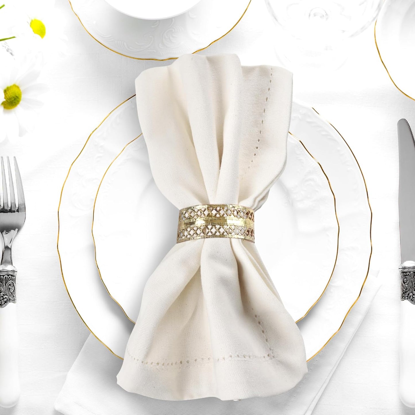 Urban Villa Fall Cloth Napkins Hemstitch Solid Ivory 100% Cotton Absorbent Dinner Napkins (Set of 12) 20x20 Inches Soft Durable Washable Reusable Ideal for Everyday Use Wedding Parties Cloth Napkins
