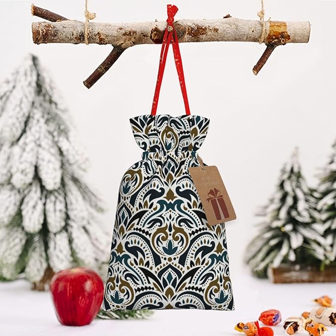 Jhggffd Boho Flower Pattern Christmas Gift Bags Christmas Treat Bags Cloth Christmas Gift Bag Drawstring Christmas Bags for Gifts Favor Bags Reusable Xmas Gift Bags for Holiday Party