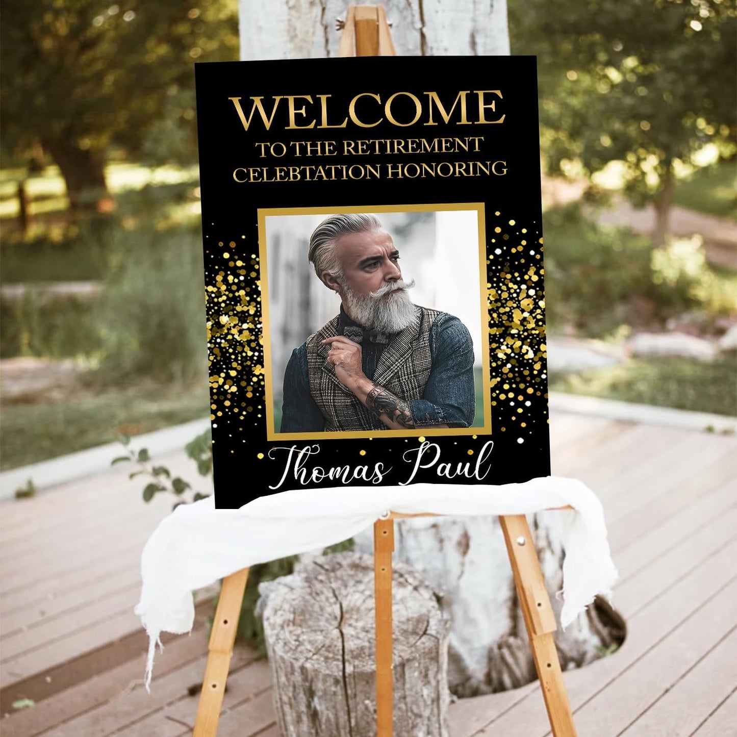 Retirement Celebration Welcome Sign Template - Floral Buffet Sign, Black and Gold Photo Party Decor