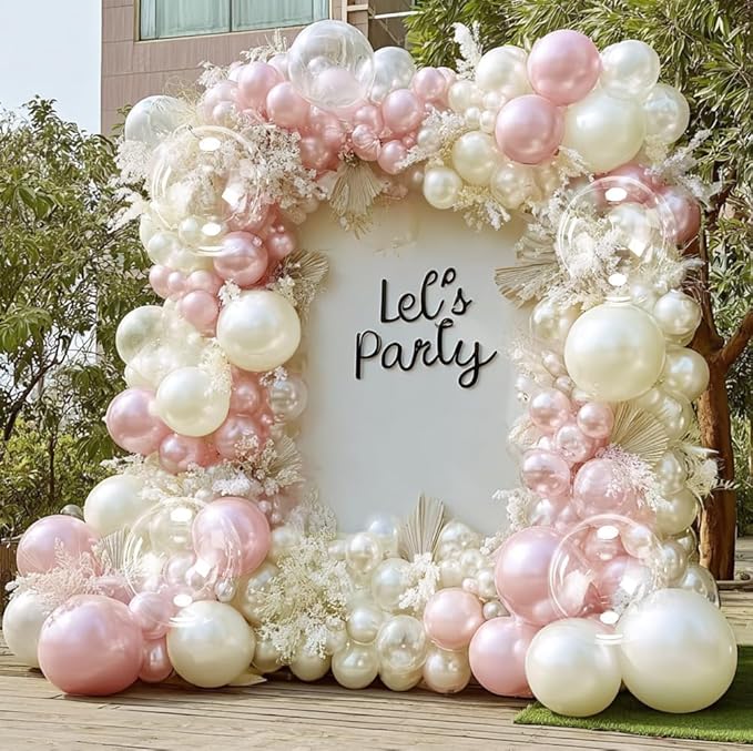 Pearl Ivory White Balloon Arch Double Stuffed Pastel White Ivory Cream Beige Balloon Garland Kit Different Sizes 12/10/5in With Clear Bobo Balloons for Birthday Wedding Bridal Baby Shower Party Decor