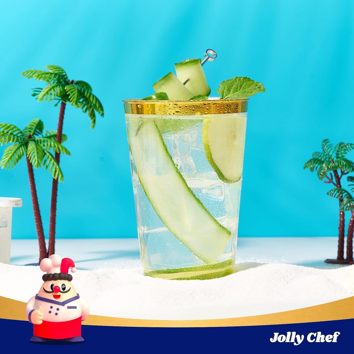 JOLLY CHEF 200 Pack 12 oz Gold Plastic Cups Elegant Gold Rimmed Disposable Cups Heavy-Duty Party Cups for Wedding, Thanksgiving, Christmas Parties