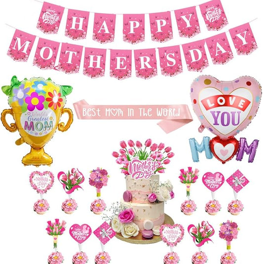 CHUMIRRY Mother's Day, Mom Party Birthday Decorations, Mother’s Day Party Decoration Set | Includes Foil Balloons, Banner, Cupcake Toppers, Sash, & Greeting Card | Perfect for Celebrating Mom