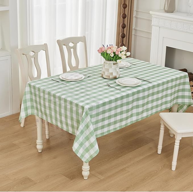 BALCONY & FALCON Rectangle Gingham Table Cloth – Water-Resistant Cotton Blend, Spill-Proof & Washable Checkered Tablecloth for Kitchen, Dining, Picnic, Party (Green White, 55x95 Inch)