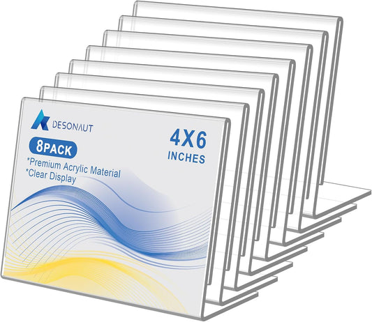 8 Pack Acrylic Slanted Back Sign Holder 4 x 6Inches，Clear Plastic Sign Holder Paper Photo Display，Menu Table Top Stand，Clear Acrylic Picture Frame，Flyer Holder（Horizontal）