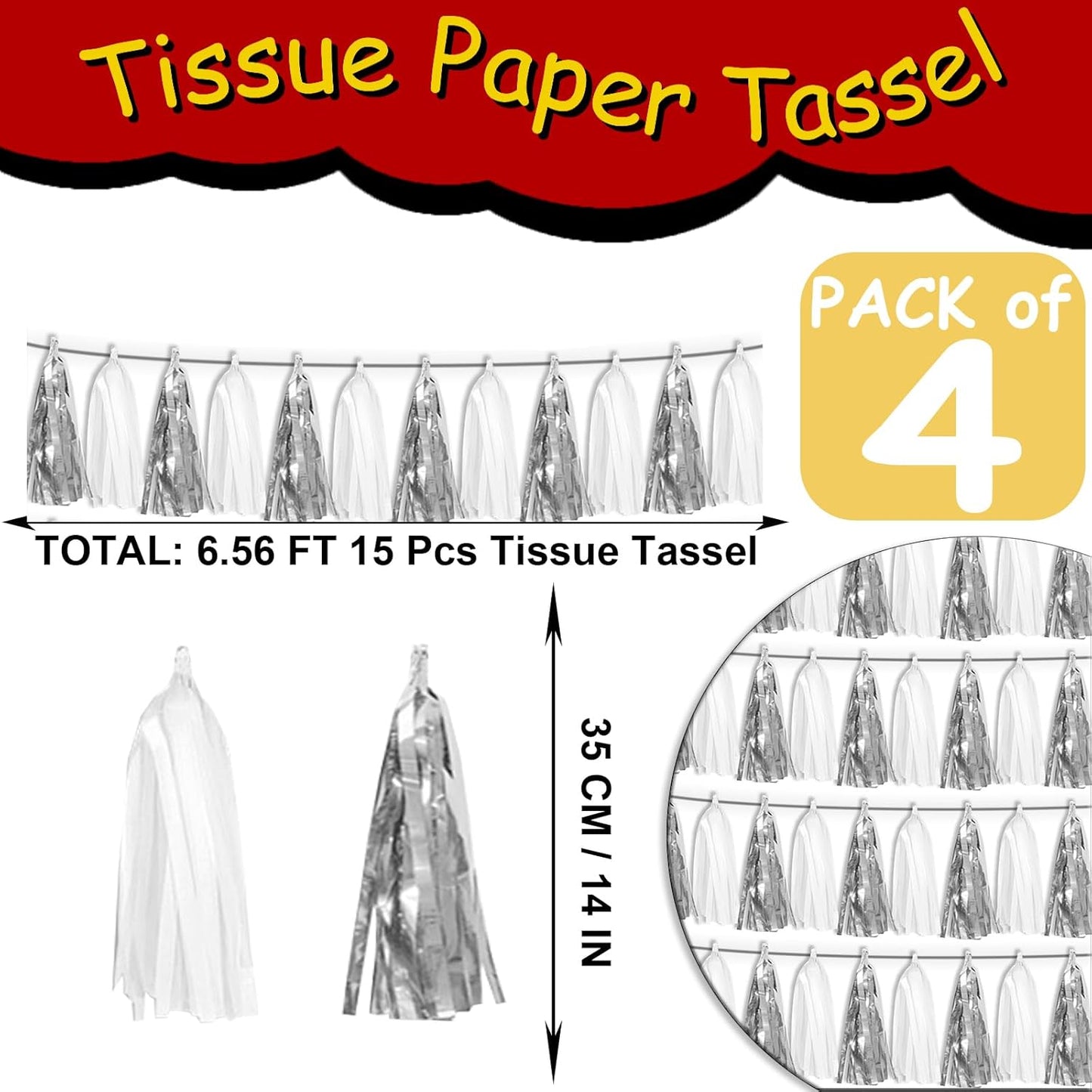 4P White Silver Tassel Banner Garland Metallic Foil Fringe Banner Tinsel Tassels Streamer Banner Backdrop for Parade Floats, Graduation Bridal/Baby Shower Retirement Party Decorations