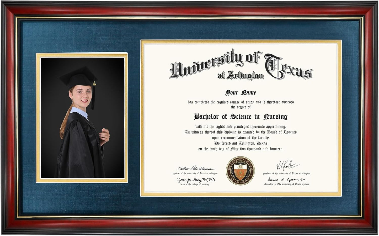 GraduationMall 11x19 Cherry Diploma and Photo Frame for 8.5x11 Certificate,5x7 Picture,Tempered Glass,Navy Blue over Gold Double Mat
