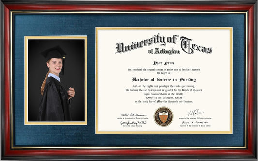GraduationMall 11x19 Cherry Diploma and Photo Frame for 8.5x11 Certificate,5x7 Picture,Tempered Glass,Navy Blue over Gold Double Mat