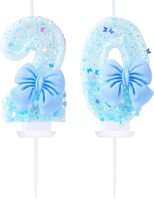 20 Birthday Candles Blue Bow Number 20 Cake Candles, 20th Cake Topper Decorations for Kids Pets Pastel Birthday Party Supplies (Number 20)