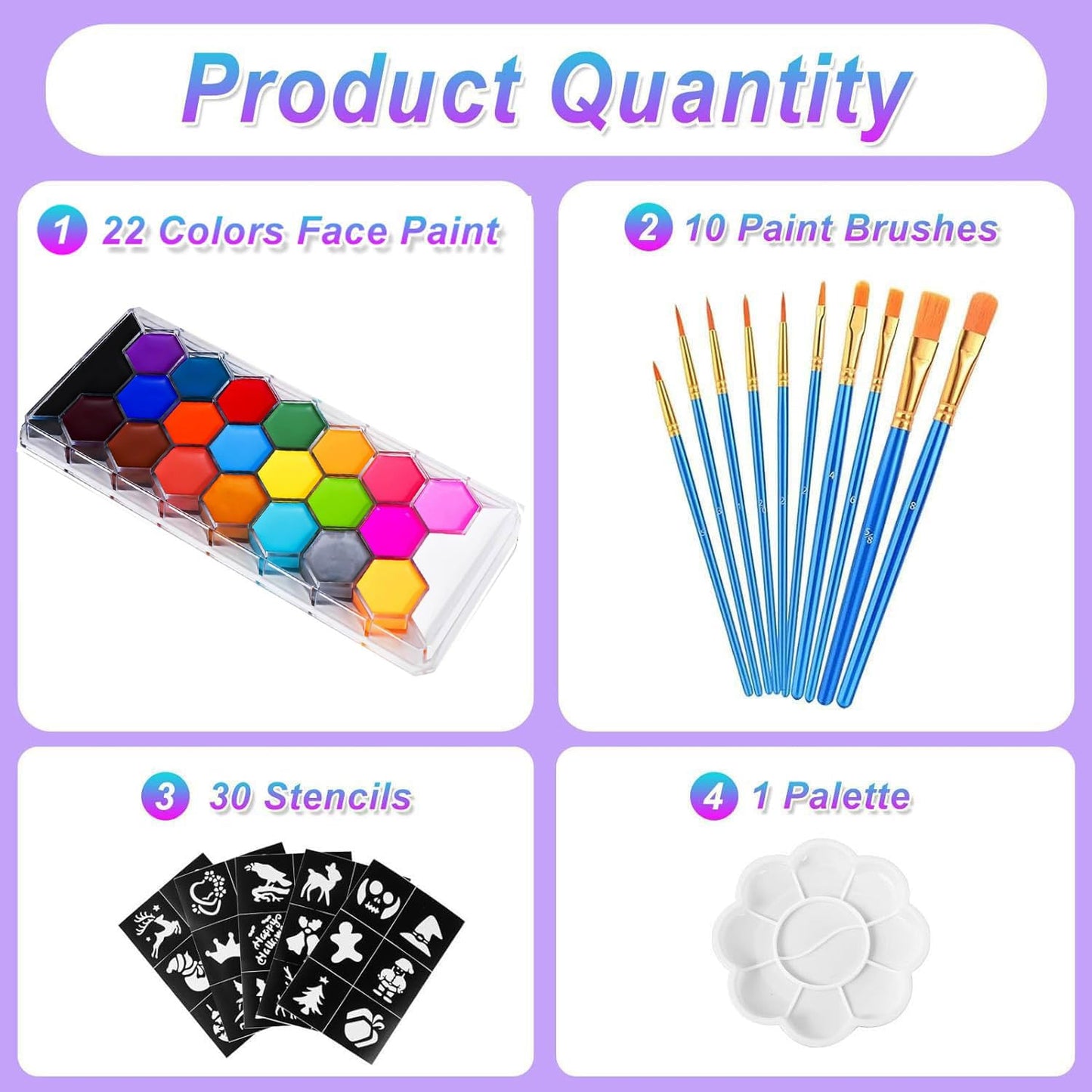 22 Colors Face & Body Paint Palette Kit，Halloween Makeup Kit, face painting kit professional，with 10 Brushes+30 pcs Stickers，Ideal for Halloween Cosplay Party SFX Arty Stage Makeup(22-Colors)