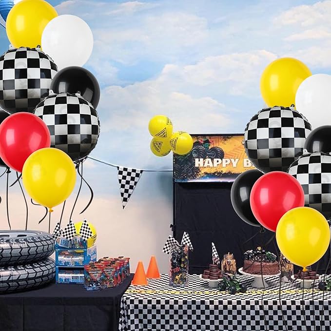 Race Car Balloon Bundle 20 Pcs Checkered Balloons Latex Balloon Yellow Red Black Boy One Happy 1st 2nd Vintage Two Fast Theme Fast One Race Car Birthday Party Decor Supplies Kit