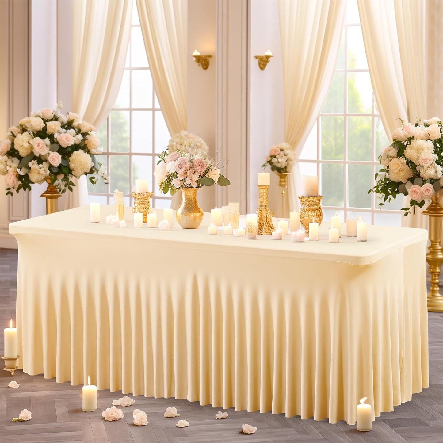 2 Packs Champagne Spandex Table Clothes for 8 Foot Rectangle Table, Spandex Table Covers 8FT Stretch Table Skirts Rectangle Tables Wrinkle Free Fitted Table Cover for Event, Wedding, Banquet & Parties