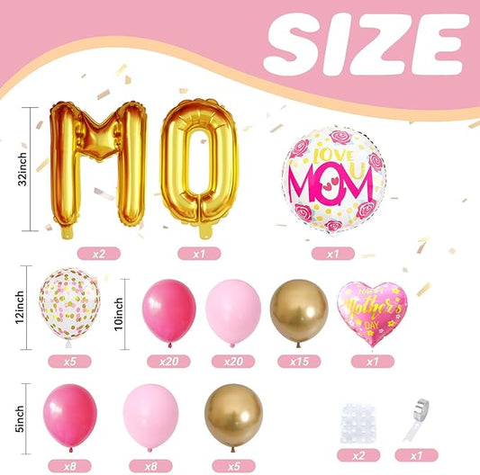 Mother's Day Balloon Arch, Hot Pink metallic Gold Balloon Garland Kit with Large Mom Foil Balloons, Pink Mother Heart Foil Balloons for Mom's Day Party Decorations