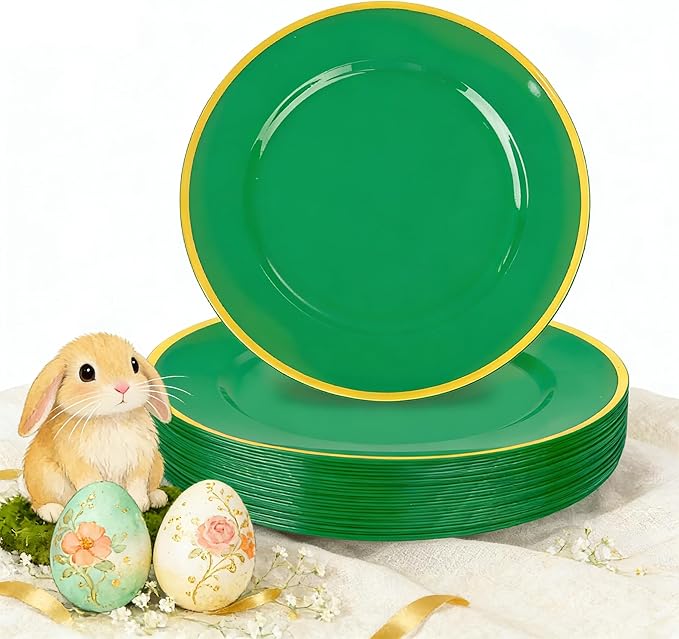 WDF 25PCS Green Plastic Charger Plates - 12inch Green and Gold Chargers for Dinner - Disposable Charge Plates - Perfect for Party Elegant Tabletop Decor St. Patrick's Day Easter