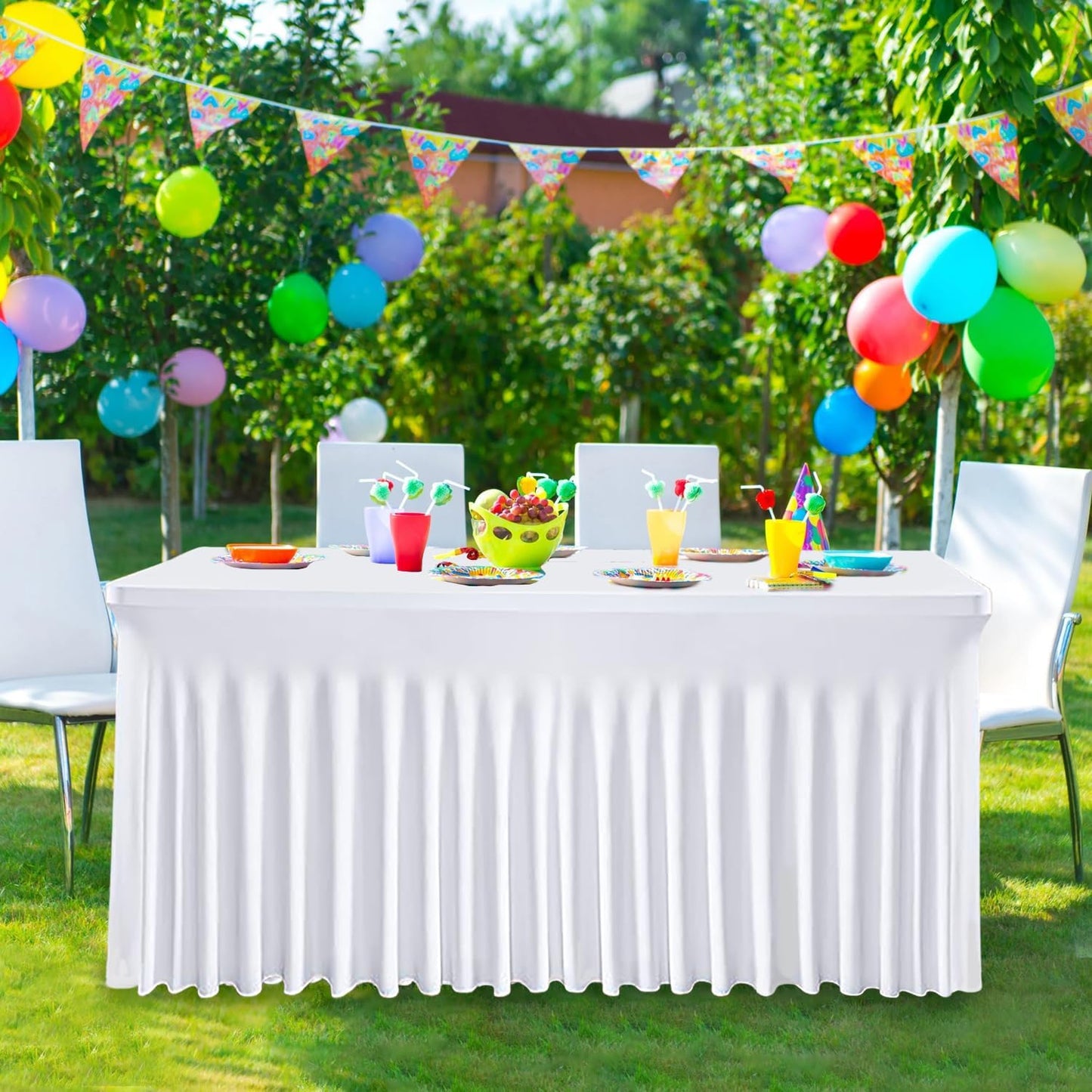 Table Skirt for 6ft Tables Spandex White Table Cover with Skirt Stretchy Tablecloth Wrinkle-Resistant Ruffles Elastic Tablecovers for Wedding, Banquet, Birthday Parties