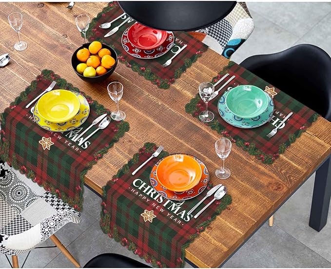 Yibeas White Merry Christmas and Happy New Year Cloth Napkins Set of 4 Soft Tartan Checkered Plaid Red and Green Polyester Dinner Square Napkin for Family Weddings Parties 18 x 18 inch