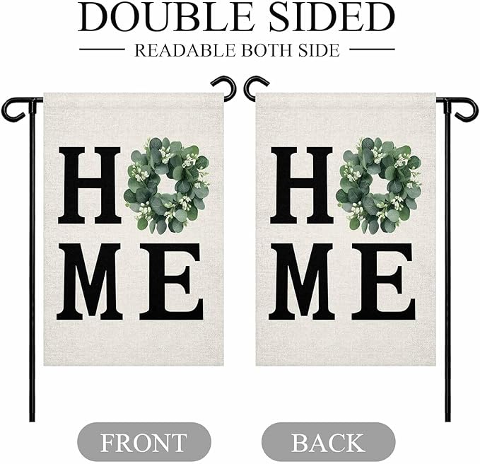 Home Green Eucalyptus Leaves Garland Garden Flags 12x18 Inch Double Sided Welcome Yard Flags for Outdoor Decor Retro Linen Yard Outside Seasonal Decoration
