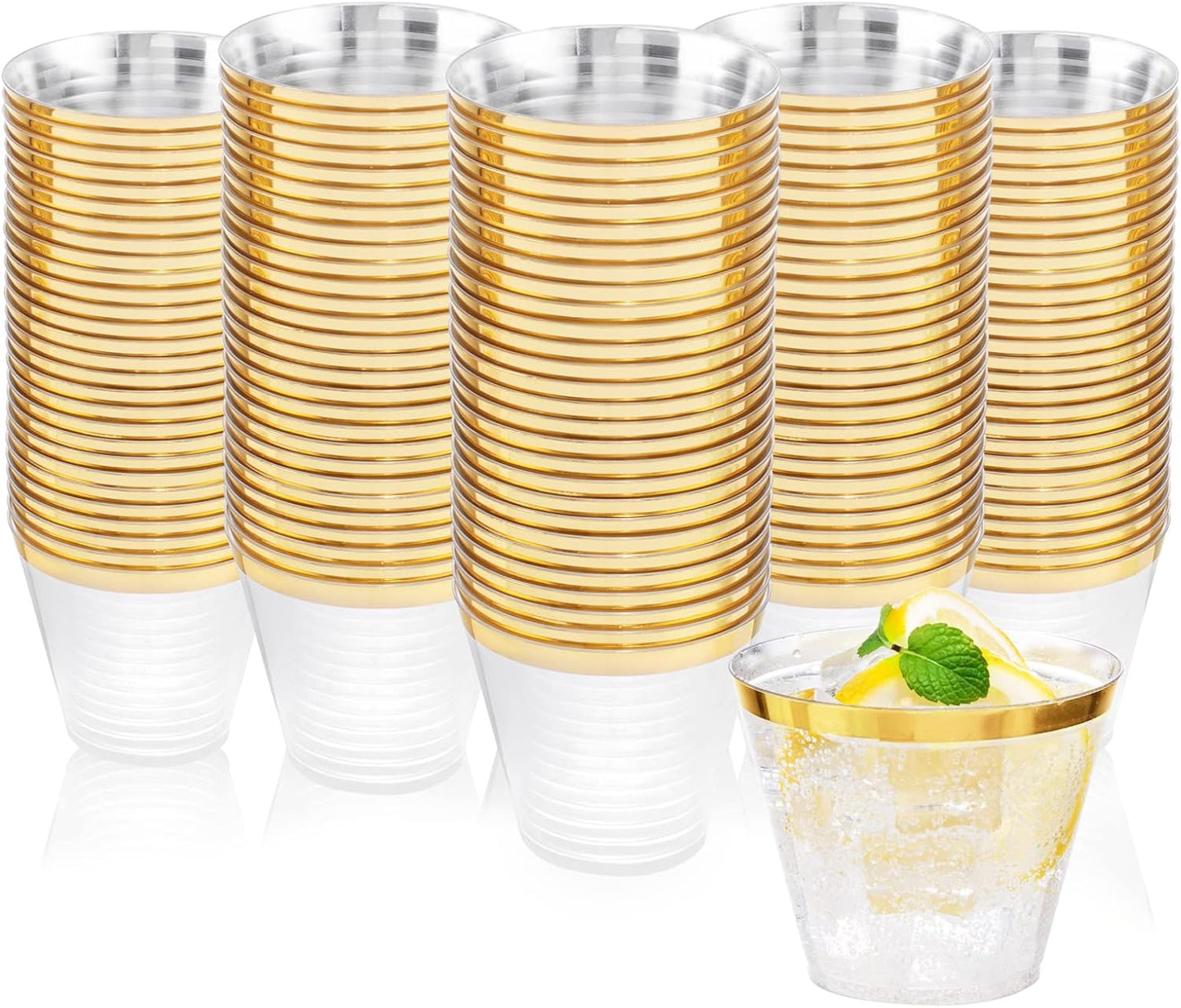 Nervure 120PCS Gold Plastic Cups - 9Oz Gold Rimmed Plastic Cups - Heavy Duty Disposable Clear Cup with Gold Rim Perfect for Weddings, Receptions & Parties