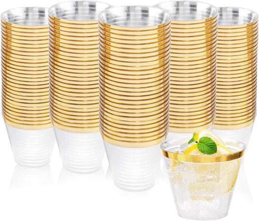 Nervure 120PCS Gold Plastic Cups - 9Oz Gold Rimmed Plastic Cups - Heavy Duty Disposable Clear Cup with Gold Rim Perfect for Weddings, Receptions & Parties