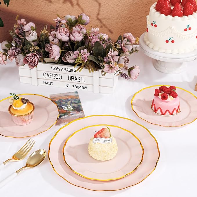 supernal 60pcs Pink and Gold Plastic Plates Fancy Elegant Disposable Scalloped Plastic Plates Heavy Duty Disposable Dinnerware Set for Parties, Bridal Shower,Weddings & Birthdays