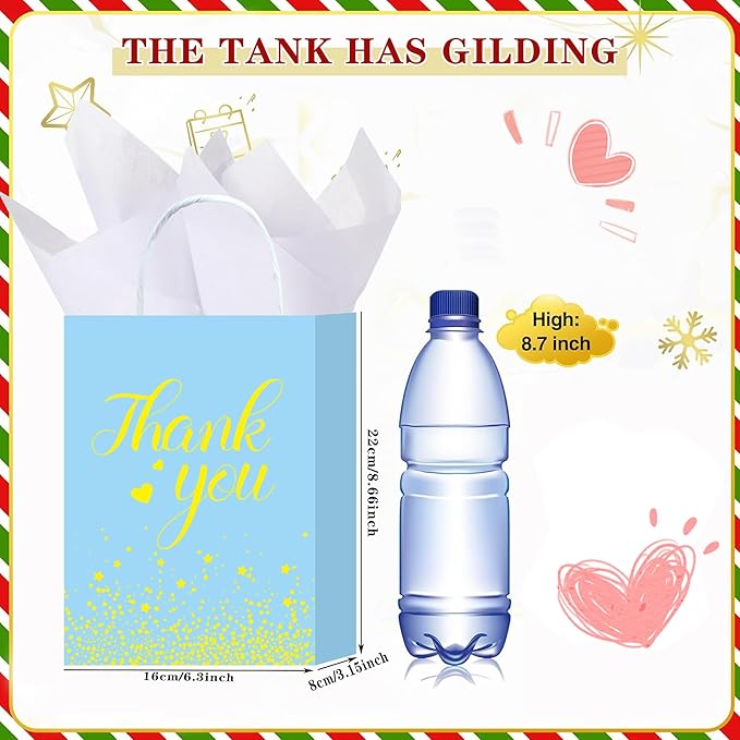 W WINTMING 16 Pcs Thank You Gift Bags with Handle Gold Star Karft Paper Bags Party Favor Bag for Wedding, Birthday, Business, Shopping Wrapping Bag (Blue)