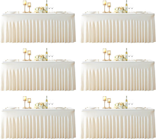 6 Pack 8ft Ivory Spandex Table Cloths for Rectangle Tables Wrinkle Free Ivory Rectangle Tablecloths, Stretch Fitted Table Cover with Skirt for Wedding Birthday Party Banquet Baby Shower Buffet Event