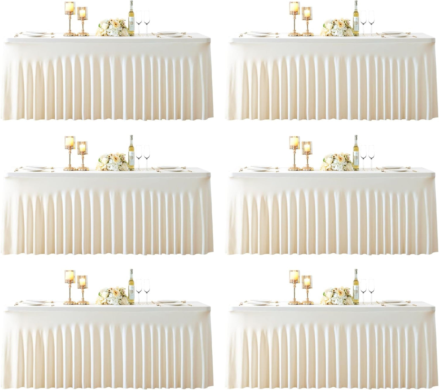 6 Pack 6ft Ivory Spandex Table Cloths for Rectangle Tables Wrinkle Free Ivory Rectangle Tablecloths Stretch Fitted Table Cover with Skirt for Wedding Birthday Party Banquet Baby Shower Buffet Event