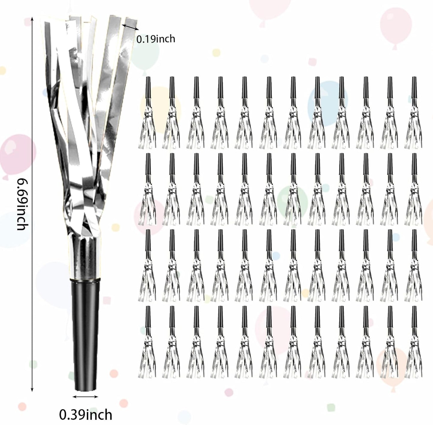 Silver New Years Noise Makers 48 PCS NYE Party Blowers Blowouts New Years Eve Games Favors Supplies Birthday Pep Rally for Adult Prank Graduation Sporting Events Horns Noisemakers Accessories