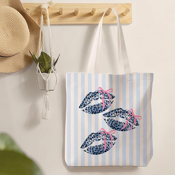 Coquette Bow Blue Leopard Lip Tote Bag for Women,Trendy Cheetah Print Canvas Tote Bag for Girls,Girly Leopard Lip Print Aesthetic Reusable Shopping Grocery Bags Party Favors