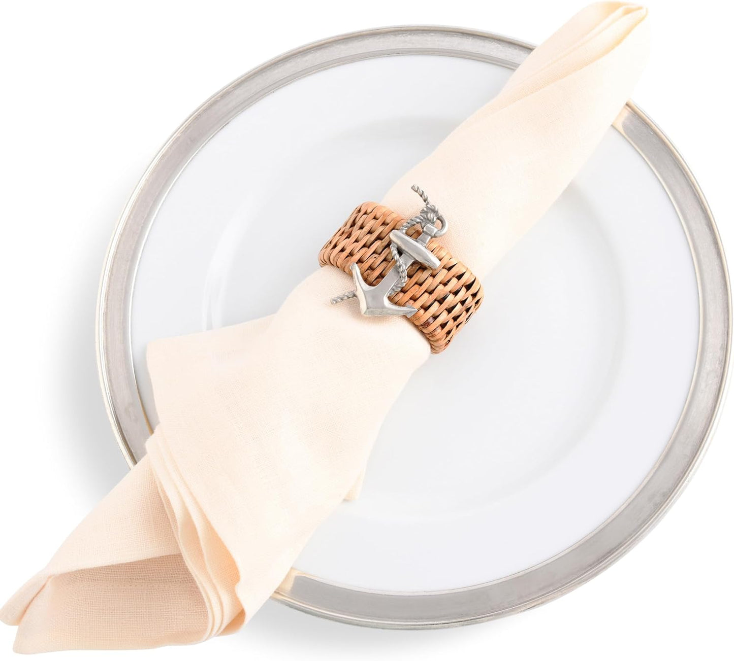 Vagabond House Pewter Anchor Oval Rattan Napkin Rings, Woven Wicker, Natural Eco-Friendly Coastal Decor, Set of 4 for Beach House, Rattan Decor, House Naturals