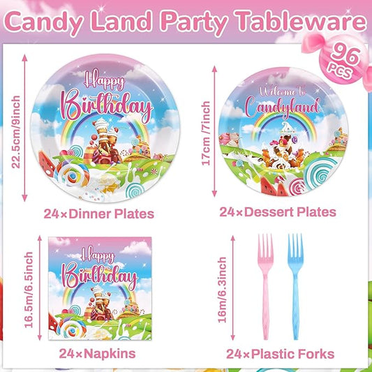 96Pcs Candyland Party Supplies Candyland Birthday Paper Plates Napkins Disposable Candy Land Party Decorations Sweet Candy Dinnerware Party Favor for Baby Shower Birthday Party Tableware Serves 24