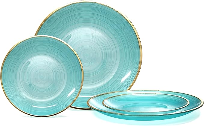 OCCASIONS 240-Pc Disposable Plastic Dinnerware Set (120 Guests) for Wedding Party - 10'' Dinner & 7'' Salad Dessert Plates (120 Each), Premium Heavyweight (Belize, Aqua & Gold)