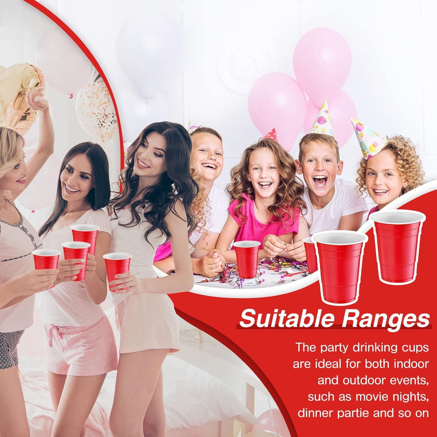 Lounsweer 100 Pack 16 Ounce Christmas Plastic Party Cups Disposable Heavy Duty Drinking Water Cups for Holiday Christmas Festival Wedding New Year Birthday Party Supplies(Red)