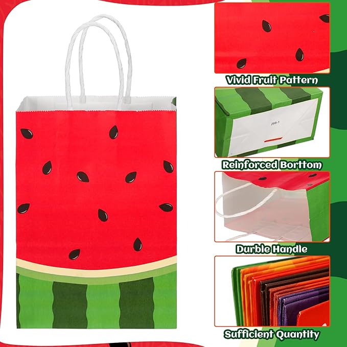 Outus 24 Pcs Summer Fruit Party Favors Bags Fruit Goodie Gift Paper Bag with Handles Tutti Frutti Strawberry Watermelon Candy Treat Tote Pouch for Summer Party Birthday Baby Shower Decoration Supplies