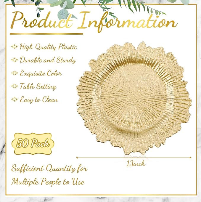 Rtteri 50 Pcs 13 Inch Charger Plates Bulk, Plastic Charger Plates with Floral Reef Design, Round Ruffled Rim Decorative Dinner Tableware for Wedding, Party, Event Table Decor(Light Gold)