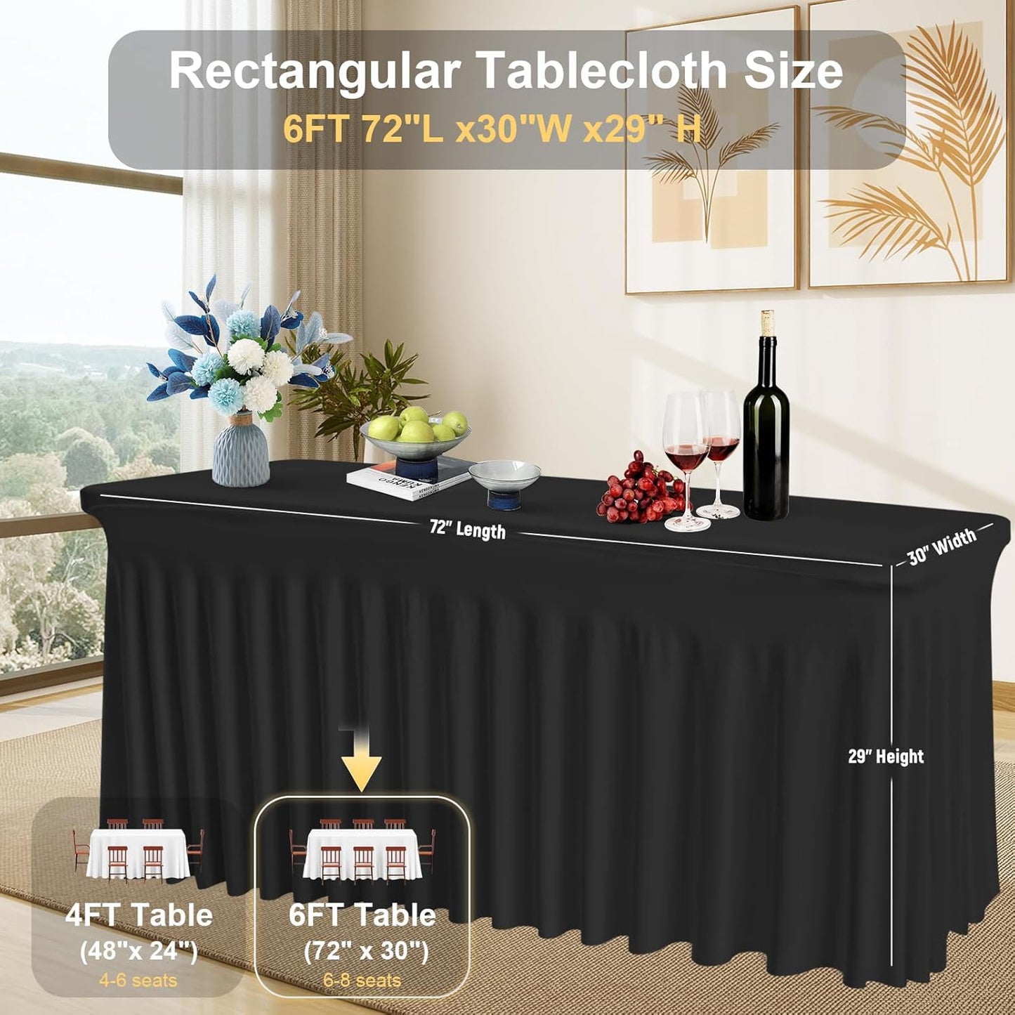 Rectangle Tablecloth 6FT – Black Fitted Spandex Table Cover, Wrinkle-Free, Stretch Fabric with Elastic Edges for Wedding Banquet Party Buffet Birthday Restaurant