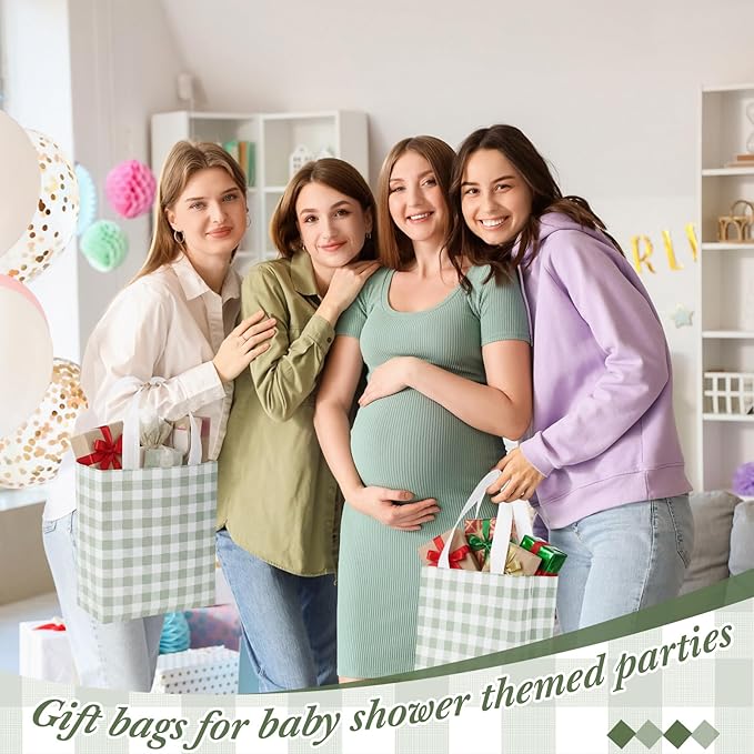Supervitae 24 Pack Gingham Gift Bags Medium Green and White Theme Party Decoration Supplies Reusable Non Woven Totes for Checkered Dinner Baby Shower Wedding Party Favor(9.8" x 7.9" x 3.9")