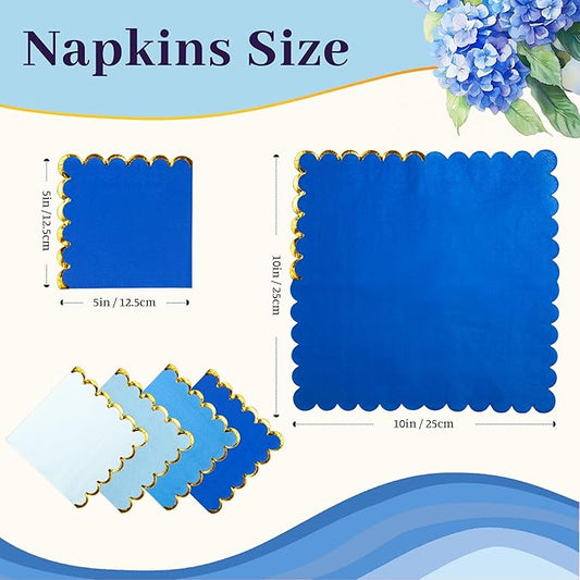 100 Pcs Blue Cocktail Napkins with Gold Foil Scalloped Edges 5 x 5 Inch Dessert Napkins Disposable Thick Paper for Wedding Dinner Birthday Party