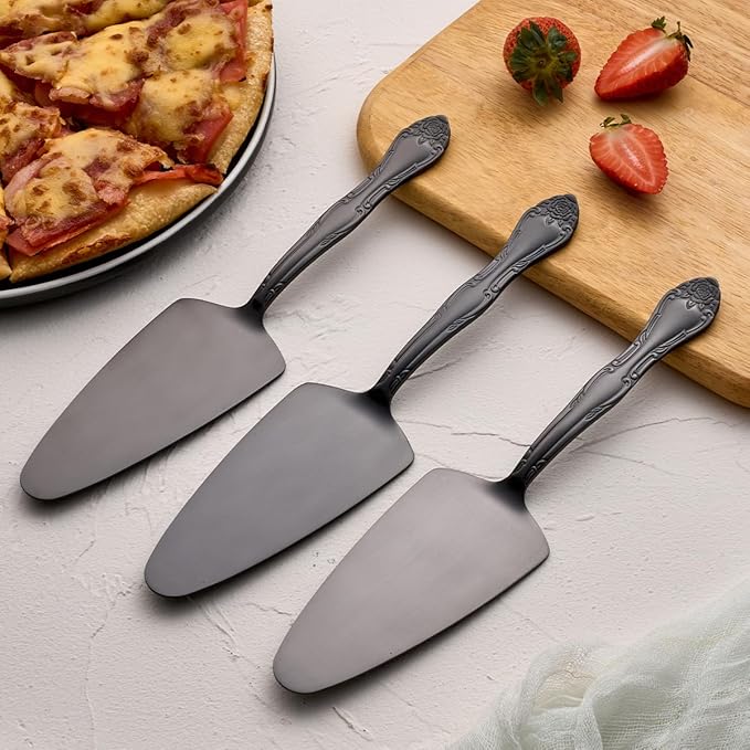 Deeny Jarte 3-Piece Cake Server Set - 9.3-Inch Matte Black 430 Stainless Steel with Rose Handle Design - Ideal for Cake, Pie, Pizza, and Dessert Serving - Dishwasher Safe Pastry Server Set